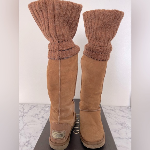 Tan UGG style LUXE boots Sherpa lined with attached wool legs warmers size 7 - Picture 2 of 3